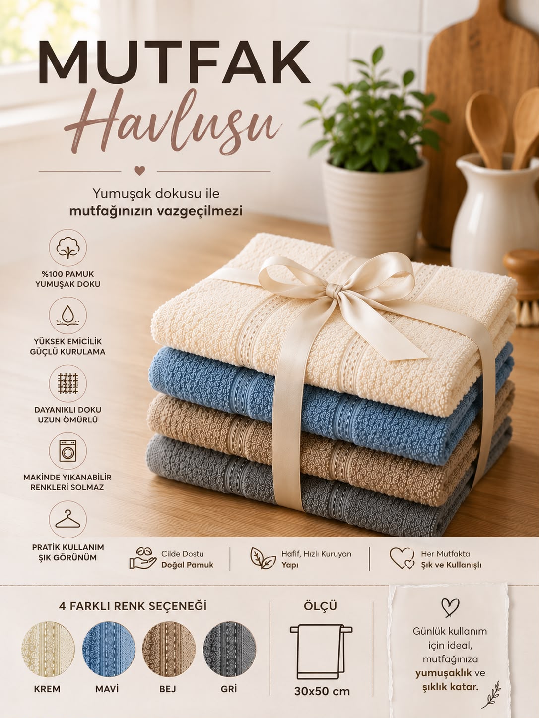 Pamuklu Mutfak Havlusu 4 Adet